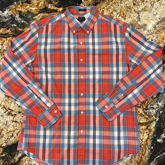 NWT J. Crew Men's Red/Blue Plaid Regular Flex Casual Button Down Shirt - Picture 2 of 8
